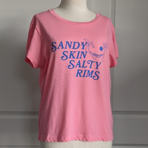 Wildfox Tee Sandy Skin Salty Rims Cotton Short Sleeves Crew Neck Pink L NWT - Picture 1 of 12